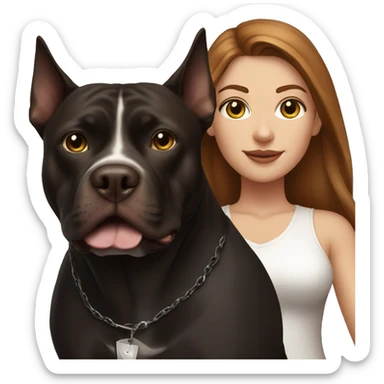 white woman with long brown hair and cat shaped eyes standing alongside a black pitbull  sticker