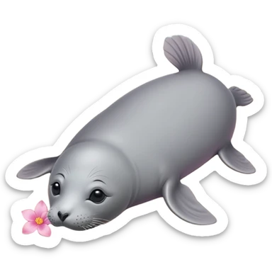 A small, slim grey seal resting gracefully on a sandy beach, with a delicate pink flower placed on its head.   sticker