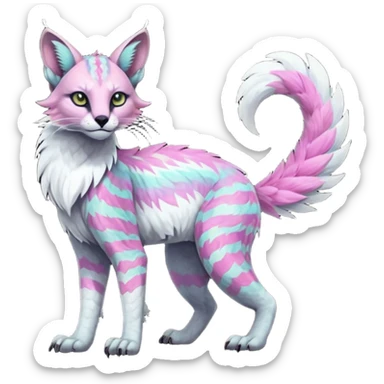 Colorful dark tropical feathery tribal pale light fruity pastel white glorious iridescent divine exotic cute albino neon vibrant spooky evil zigzagged cool beautiful beautiful fantasy-caracal-civet-genet-sergal-vernid-Gryphon-Cacomistle-Trico-oncilla-animal-Fakémon-hybrid-fursona (full body) sticker