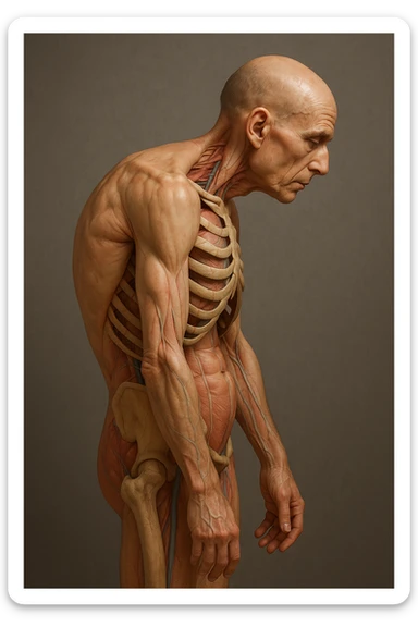 corpo UMANO ANATOMICO di profilo con spalle chiuse in avanti, postura errata, iperrealistico 4k sticker