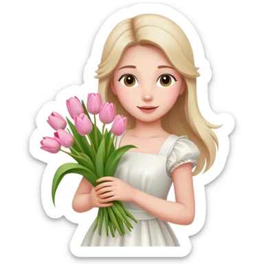  A girl with a half-up half-down hairstyle, and a white dress, enjoying the spring breeze.Holding a bundle of pink tulips sticker