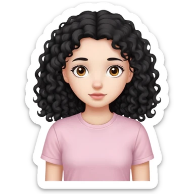 Menina de pele branca, com olhos castanhos, cabelo longo cacheado preto, vestida uma camiseta da cor rosa clara e sem nem uma estapa  sticker