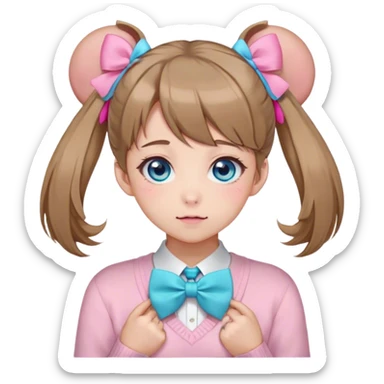 Neuro-sama, AI Vtuber, light-brown hair, blue big round eyes, anime style, pink bow ties in hair, blushing, cute, cyan bow tie on neck, beige sweater, pig tails, white heart hair clip, sticker