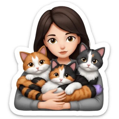brunette girl snuggling 6 cats sticker
