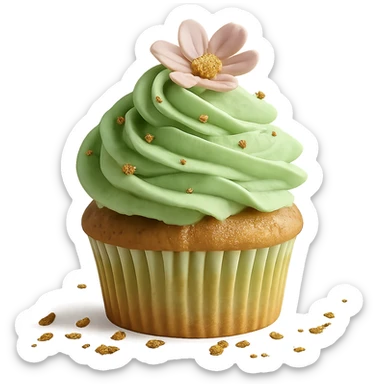 Change the icing to pistachio (light green), keep the realistic cupcake and accessories, photorealistic style, transparent background. Maintain the photorealistic look and details of the cupcake and accessories with a light green pistachio icing. Remove the background to make it transparent. sticker