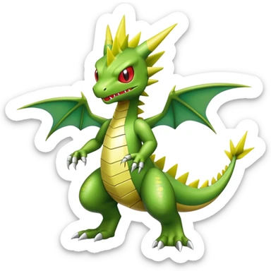 Cool cute shiny futuristic Flygon-Tyranitar-Digimon-hybrid-fusion, yellow belly, full body sticker