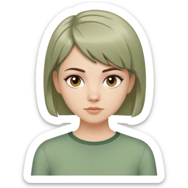 White girl with short wolfcut hairstyle, brown eyes, straight hair, wearing a sage green top sticker
