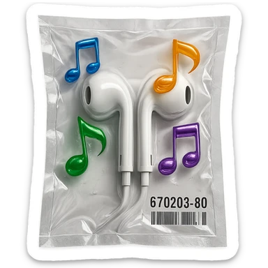 pair of white EarPods with floating multicolored glassy music notes around, shiny and inflated sticker