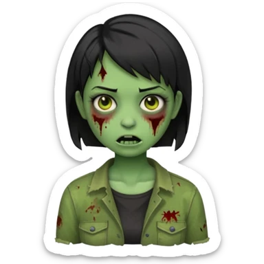 Emoji zombie girl verde com cabelo preto curto com uma expressão normal sticker
