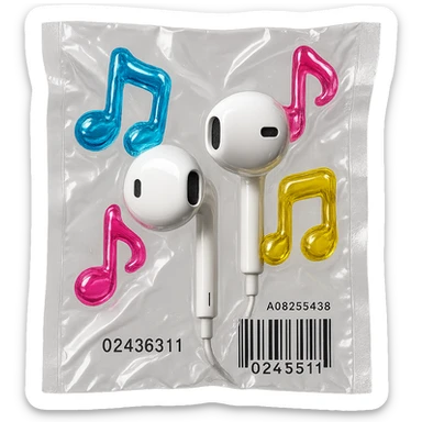 pair of white EarPods with three floating glass music notes in blue, pink, and yellow, shiny and puffy sticker