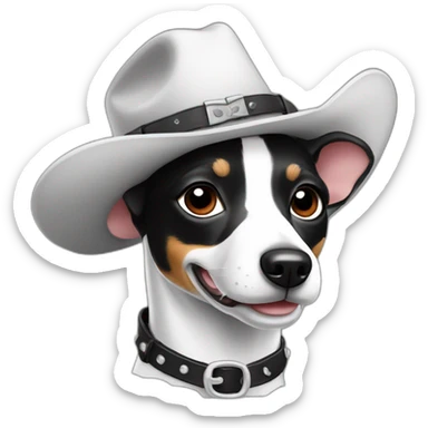 rat terrier wearing a cowboy hat smiling (black and white) sticker