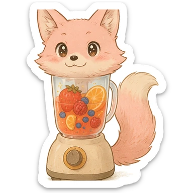 high-quality full-body ghibli style illustration of a blender transformed into a soft fluffy fox with pastel pink fur, transparent body filled with vibrant detailed fruity smoothie, sparkling expressive eyes, sweet joyful expression, highly detailed, clear glossy smoothie inside sticker