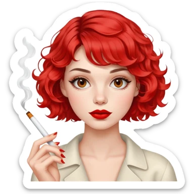 Alluring French girl french wavy textured bob haircut tousled hair red lips and cigarette sticker