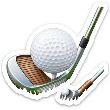 A golf ball positioned next to a golf club on a well-manicured green, with the lush grass of the golf course in the background. The setting captures the peaceful yet competitive atmosphere of the sport, focusing on the precision and skill required for the perfect shot sticker