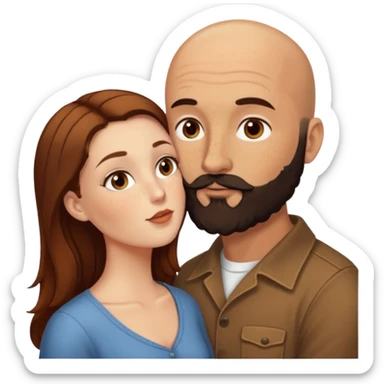 Couple. Bald man with dark brown-black beard. White woman with many small, faded freckles, she has white skin and she has auburn-brown-cinnamon, dark long hair. She has light brown eyes. The man have hazel eyes. Retro style. They kiss. sticker