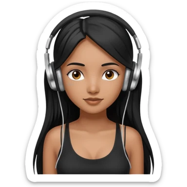 a fair INDIAN girl with straight black long hair, wearing a black cami top. and wearing silver  headphones on sticker