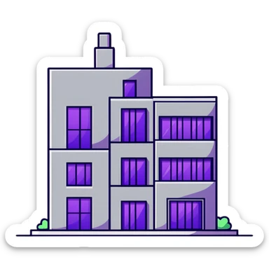 Minimalist gray concrete panel building, slight ghetto vibe, one window with bright purple ultraviolet light for growing plants, simple rectangular shape, stark and bare sticker