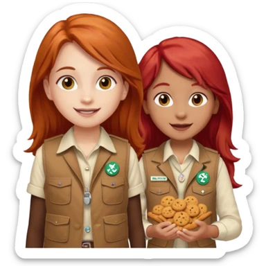 happy white girl scout with red long hair selling cookies with a brown Girl Scout vest and white shirt under vest. She should be around 10 years old sticker