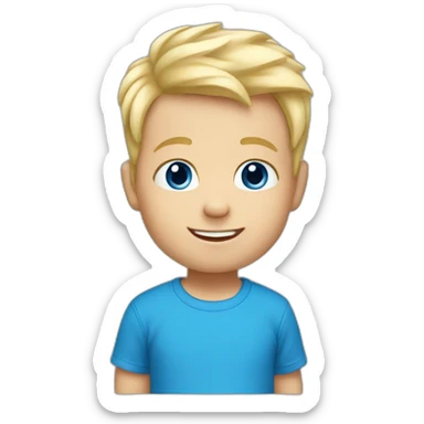 A baby boy with blonde hair, blue eyes and a blue t-shirt and with teeth sticker