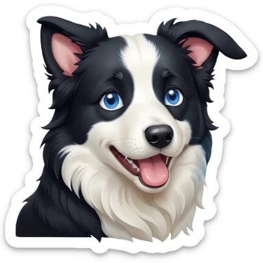 Cinematic Cute Yawning Black and White Border Collie Portrait Emoji, Head tilted slightly with a dramatic, wide-open yawn, showcasing a smooth black and white coat, floppy ears slightly drooping, round blue eyes barely open in drowsy contentment, Simplified yet irresistibly adorable features, highly detailed, glowing with a soft, cozy glow, high shine, relaxed yet alert, stylized with a touch of whimsy, bright and endearing, soft glowing outline, capturing the essence of a sleepy yet spirited herder, so drowsy it feels like it could stretch right out of the screen and curl up for a nap! sticker