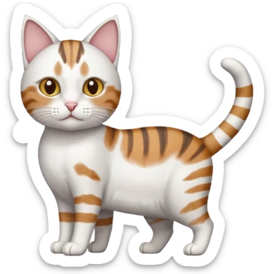 a white cat with brown tabby patches on the top of his head (ears) a patch on its side/arm and a striped tail the rest of the body is bright white sticker