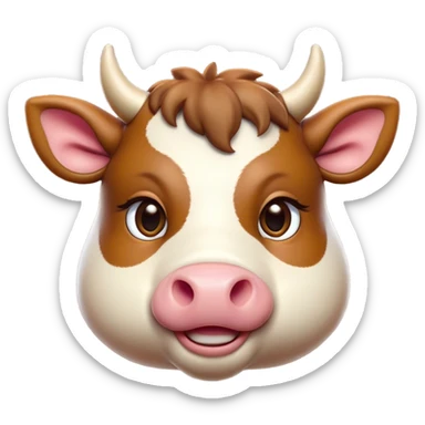 Cinematic Cute Domestic Ox Portrait Emoji, Head tilted playfully and inquisitively, with a robust, compact build and a polished hide adorned with subtle natural patterns, round, sparkling eyes full of gentle curiosity, Simplified yet irresistibly adorable features, highly detailed, glowing with a warm, friendly glow, high shine, affectionate and grounded, stylized with a touch of rustic charm, soft glowing outline, capturing the essence of a mischievous yet loving ox that feels like it could amble out of the screen into your arms! sticker