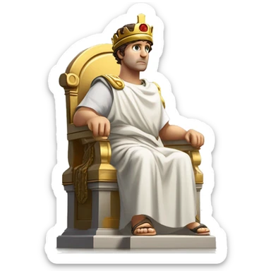 Um imperador romano usando uma coroa de louros dourada, com toga púrpura e branca, sentado em um trono de mármore. Seu rosto está inclinado para baixo, uma lágrima escorre pelo rosto, e sua mão está apoiada no rosto em sinal de desânimo sticker