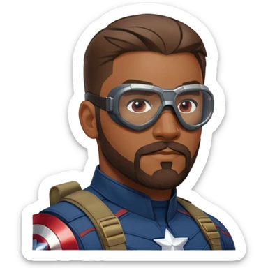 sam wilson with very short, close to the scalp and  a well-groomed beard that connects to his mustache,  wear sleek, red-tinted tactical goggles fit snugly from captain america: civil war sticker
