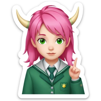 Anya Forger from Spy x Family, cute little girl with pink hair styled with two horn-like tufts, green eyes, cheerful expression, wearing Eden Academy school uniform with red jacket sticker
