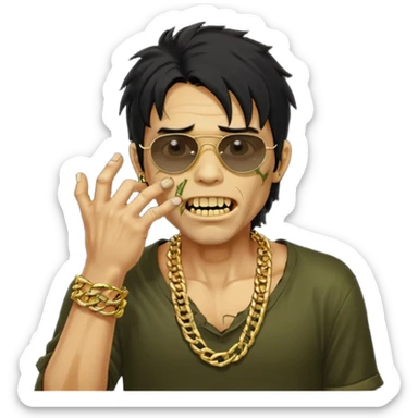 cabelo liso desordenado negro homen con aparencia de zombi y que haga un gesto mostrando los dientes de oro que se agarre la boca con la mano y que sea color piel, ponle unas gafas brasileñas, una camisa negra y que tenga cadenas de oro sticker