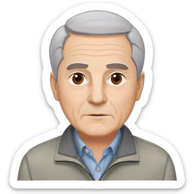 Distinguished older man in his 60s, light complexion, round face with broad jaw, vivacious brown eyes, thick eyebrows giving intensity to expression, short gray-white hair combed slightly back with visible receding hairline, clean-shaven, wearing gray casual jacket over button-up shirt sticker