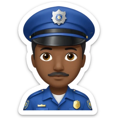 A police officer with dark skin tone, wearing a dark blue police cap with a silver badge in the center, short black hair mostly covered by the cap, large brown eyes, a small black mustache, and a neutral expression. sticker