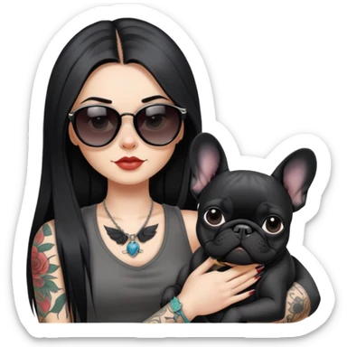 girl with long black  straight hair and tattoos and Wearing sunglasses and a black French bulldog sticker