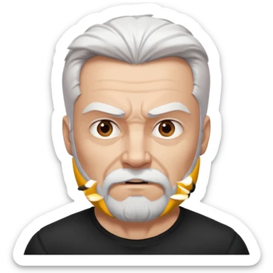 White haired muscled adult man with a black t-shirt. He has white beard and a long goatee. Dark brown eyes and some wrinkles. Attractive, Wolverine vibes. Not too old. sticker