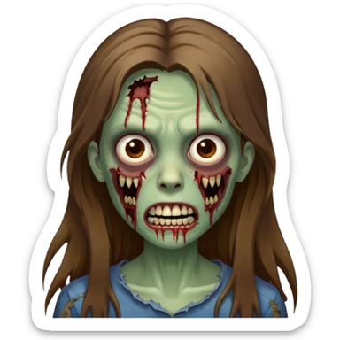 Girl zombie with brown long hair with teeth and serious face IOS style sticker