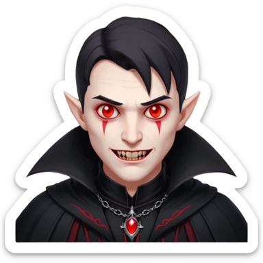 vampire village folk portrait, head and shoulders only, dark cloak collar, sharp fangs, red glowing eyes, gothic vibe, 3D cartoon, mobile game icon style, clean background, no text, no watermark

 sticker
