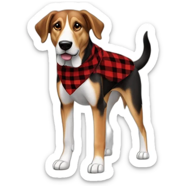 adult 75% Coonhound 25% German Shepherd mix dog with visible tail wearing small pointed red buffalo plaid bandana full body walking left quickly sticker