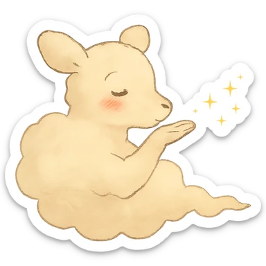 vanilla-colored cloud doe with rosy cheeks, floating gently while blowing a kiss with sparkles, soft ghibli style sticker