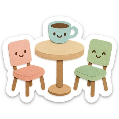kawaii coffee shop table and chairs set with smiling faces, soft pastel hand-drawn illustration sticker