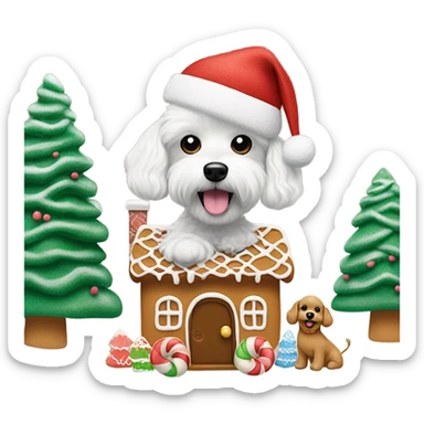 Cute Maltese poodle mix dog wearing Ugg boots and a cute little gingerbread house being decorated from the dog. Dog also needs a Santa hat and one AirPod on. Snow falling behind the dog and also snow covered trees behind  sticker