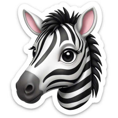 Cinematic Cute Zebra Portrait Emoji, Head tilted playfully and inquisitively, featuring a glossy, intricately striped fur of black and white, a refined, horse-like head with a long snout and alert ears, and round, sparkling eyes filled with curious wonder, Simplified yet irresistibly adorable features, highly detailed, glowing with a warm, friendly glow, high shine, affectionate and spirited, stylized with a touch of savannah whimsy, bright and endearing, soft glowing outline, capturing the essence of a mischievous yet loving zebra that feels like it could prance out of the screen and into your arms! sticker