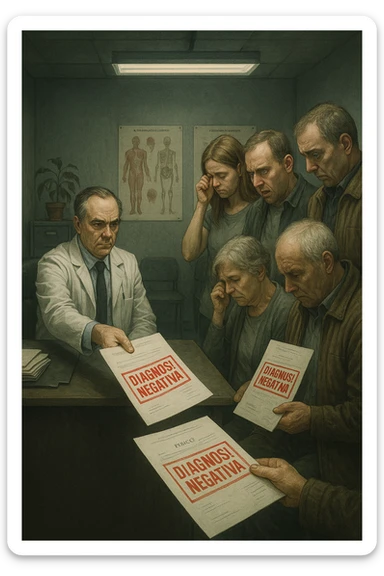A realistic, cinematic illustration set in a dull, grey-toned medical office. A middle-aged male doctor in a white coat with a stern, cold expression is seated at his desk, handing out medical reports with large red ‘Negative Diagnosis’ stamps to each patient in line. The patients, of various ages and appearances, stand in a line, each looking increasingly sad, defeated, and demoralized as they receive their papers, with slumped shoulders and empty gazes. One young woman wipes away a tear, while a man stares at the paper in shock. The background shows medical posters, a faded plant, and harsh fluorescent lighting, emphasizing the cold, mechanical environment. The mood is heavy, illustrating how negative diagnoses delivered without empatia can deeply affect the mental health and morale of patients. The style is realistic, with subtle filmic grain, emphasizing emotional impact and the weight of medical words on people’s lives. in italiano sticker