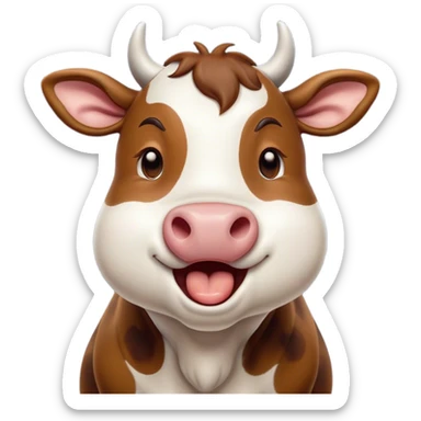 Cinematic Cute Yawning Brown and White Cow Portrait Emoji, Head tilted slightly with a dramatic, wide-open yawn, showcasing a smooth, patterned hide of brown and white, floppy ears slightly drooping, round brown eyes barely open in drowsy contentment, Simplified yet irresistibly adorable features, highly detailed, glowing with a soft, cozy glow, high shine, relaxed yet expressive, stylized with a touch of pastoral whimsy, bright and endearing, soft glowing outline, capturing the essence of a sleepy yet affectionate cow, so drowsy it feels like it could amble out of the screen and curl up for a nap! sticker