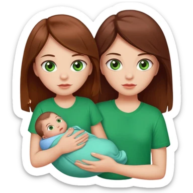 a girl with brown strait hair and has baby green eyes has a red t-shirt no baby sticker