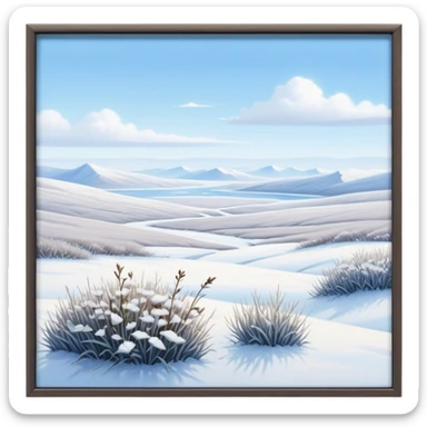 Cinematic Realistic Tundra Emoji in a wooden frame, Vast and cold, with wide expanses of snow-covered ground, sparse grasses poking through, and the occasional hardy shrub breaking up the pale white landscape. The sky above is a pale, frosty blue, and the light reflects off the snow, creating a serene yet starkly beautiful environment. Soft glowing outline, capturing the essence of a quiet, still, frozen wilderness where life endures despite the harsh conditions. sticker