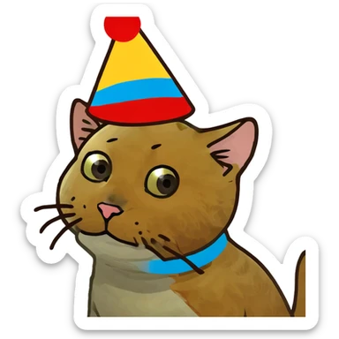 ginger tabby kitten celebrating birthday, wearing a birthday hat, with birthday cake, balloons, happy expression, and gifts sticker