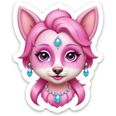 glamorous dog portrait, head and shoulders only, exaggerated pink makeup, bright eyeshadow, long eyelashes, shiny blush cheeks, sparkling face gems, glitter accents, elegant earrings, fantasy beauty style, cute 3D cartoon, mobile game icon style, clean background, no text, no watermark
 sticker