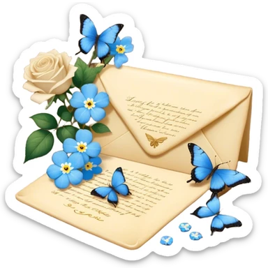 An intimate vignette of a golden wax-sealed letter placed on a vintage wooden desk, with a pair of blue butterflies hovering around a bouquet of soft ivory roses and baby blue forget-me-nots. sticker