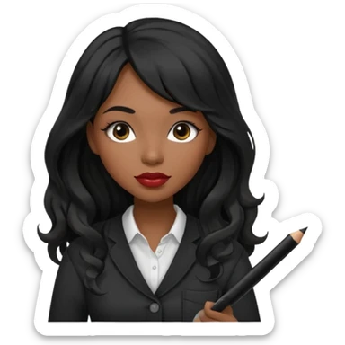 A young woman with long black hair, a wavy frange falling on half of her head.  She's black, medium to dark skinned with thick lips. She's holding something that let's us know she's the CEO of a creative agency, but she's wearing black casual clothes. she has long eyelashes. sticker