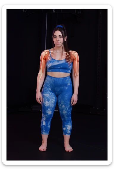 A woman with shoulder pain, add anatomically highlighted shoulders on the body, variant 1, in a style suitable for editing and anatomical emphasis. sticker